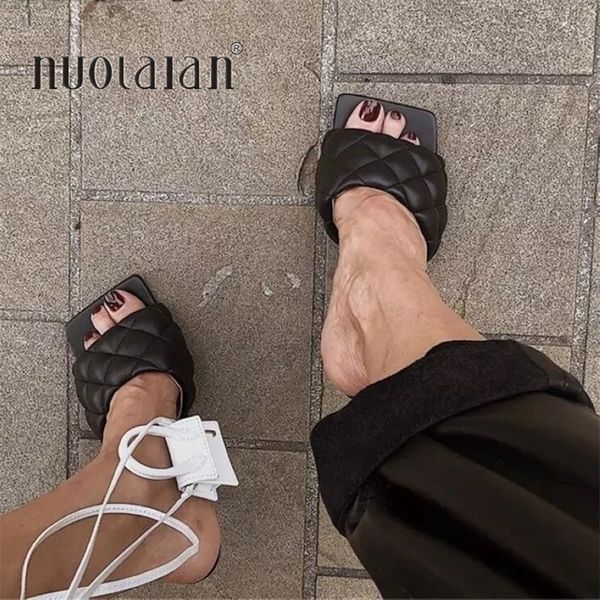 

summer women sandals square toe ladies heel mules thin high heels sandals slippers female fashion woman shoes 9cm y200323, Black