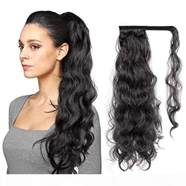 

длинные волнистые человек хвостик удлинитель 26 дюймов мокрый wavt хвостик для женщин магии paste remy тела волнистые wrap around ponytail 1, Black