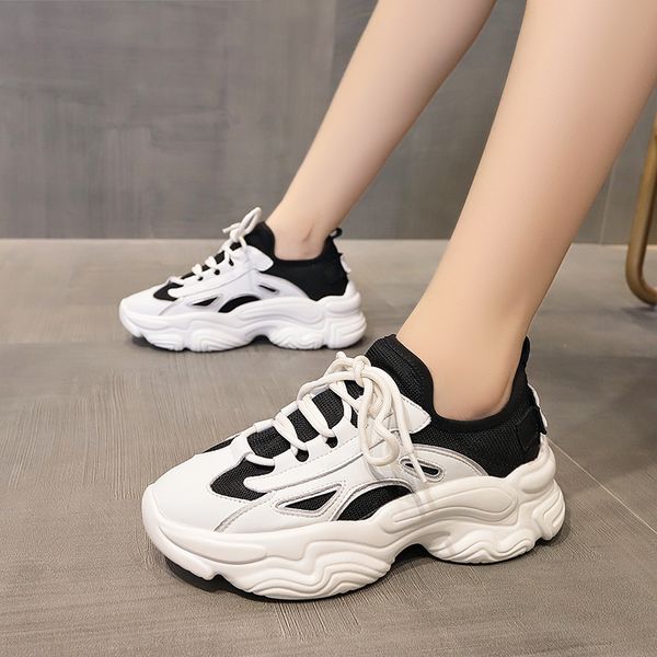 

lace up pu leather mesh dad sneakers platform women shoes flat casual sneakers fashion brand designe sports shoes female flats, Black