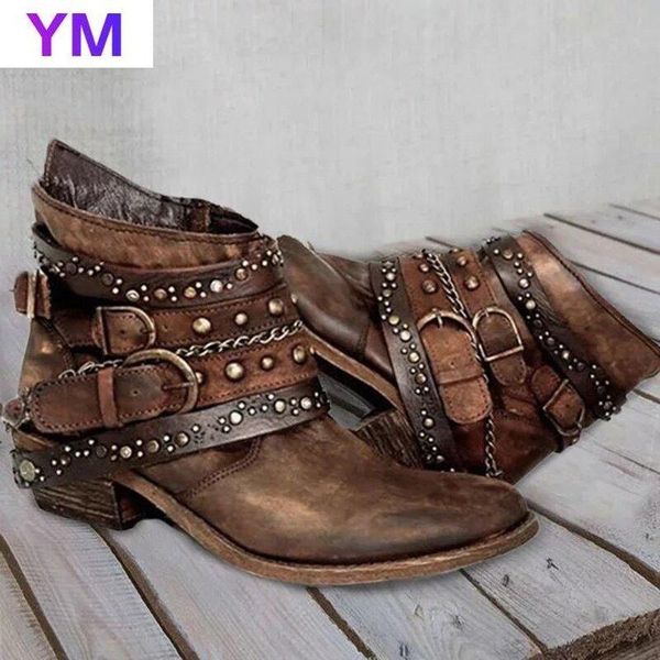

2020 women ankle boots low heels shoes vintage pu leather gladiator booties rivets buckle deco woman mujer zapatos botas mujer, Black