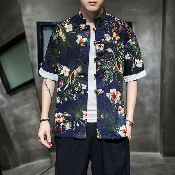 

selling product in 2021 chinese style mens short sleeved floral shirt floral beach shirt chinese style buckle tang suit, White;black