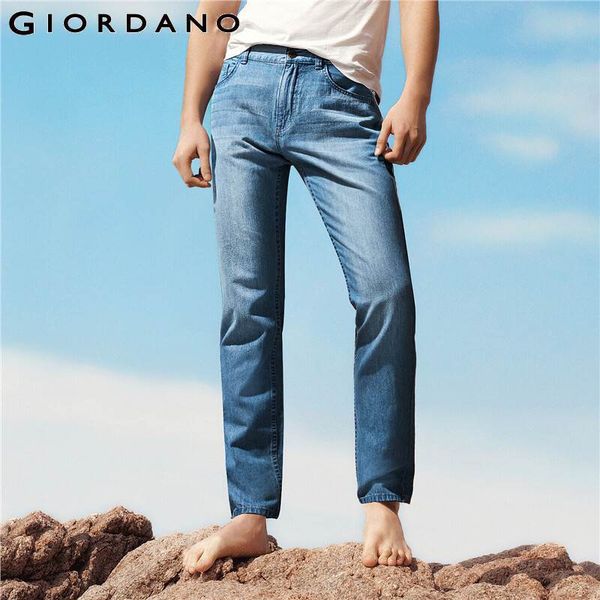 

giordano men jeans moustache effect lightweight cotton denim jeans classic five pocket durable solid vaqueros hombre 13110202 201111, Blue