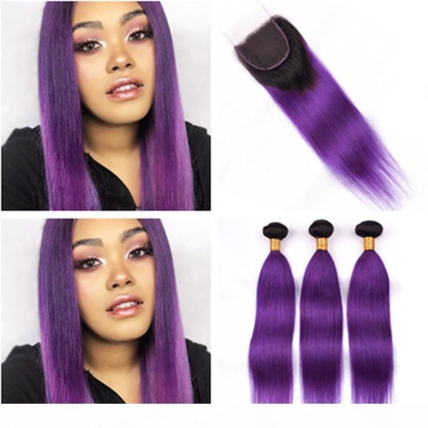 

peruvian human hair 3bundles #1b purple ombre straight weaves with closure 4pcs lot ombre purple straight hair wefts with 4x4 lace closure, Black;brown