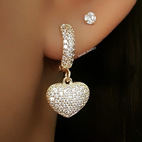 

dangle & chandelier vintage heart pendant cubic zirconia stone earrings for women luxury gold color tiny drop earring girl cz fashion party, Silver