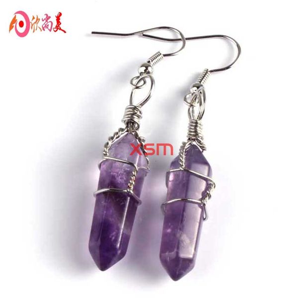 

natural hexagonal winding handmade column crystal earrings, Silver
