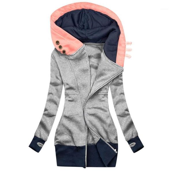 

women zip-up hooded jacket autumn winter patchwork loose sweatshirt coat fashion oversize long sleeve drawstring slim hoodie, Black;brown
