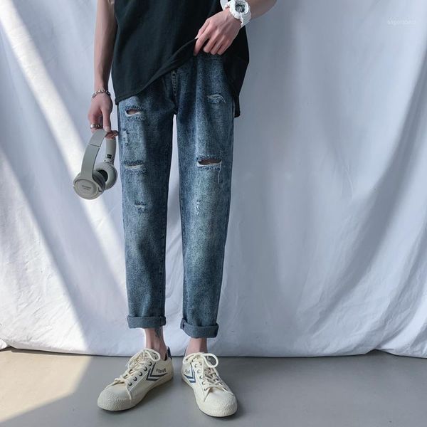 

straight jeans men's fashion washed casual retro ripped jeans men streetwear wild hip hop loose hole denim trousers mens -2xl1, Blue