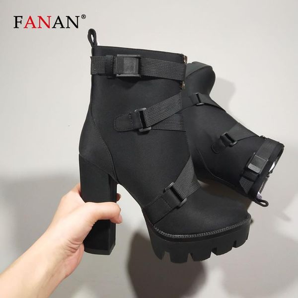 

fanan high heels boots women thick heel 3cm platform women's boots autumn winter ladies worker shoes black female+shoes