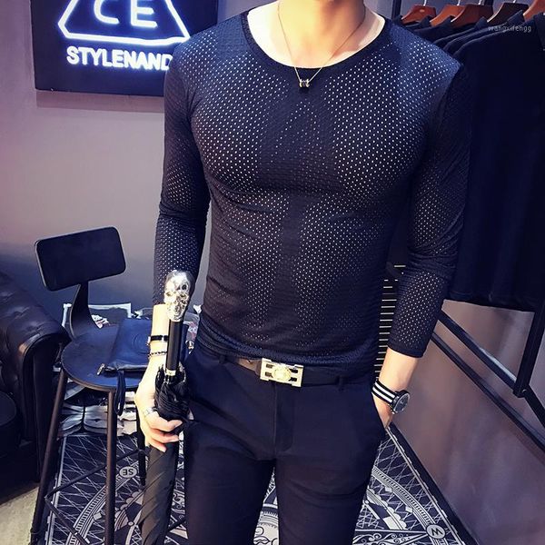 

mens t shirts fashion 2018 mens transparent t shirts hollow see through british black tee homme slim fit tight1, White;black