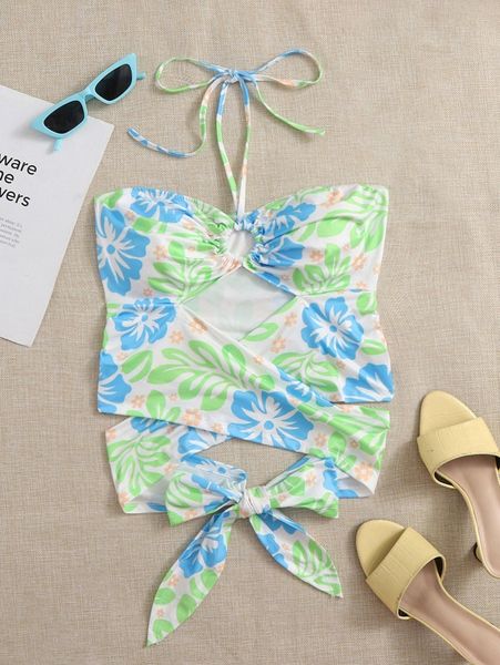 

floral print tie back halter y54q#, White