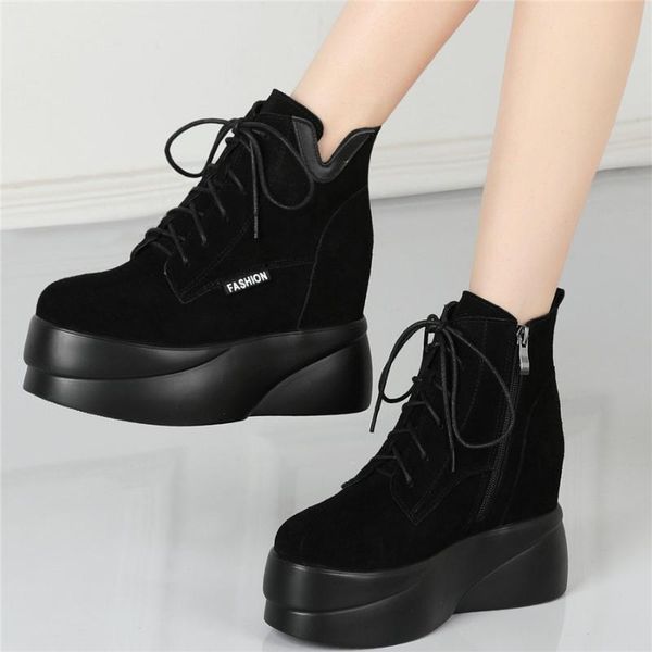 

2020 women lace up genuine leather platform wedges high heel ankle boots female high round toe fashion sneakers casual shoes, Black