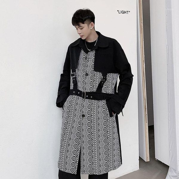 

men's trench coats men retro pattern splice bandage long coat overcoat male japan streetwear vintage loose windbreaker jacket outerwear, Tan;black