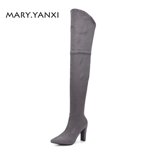 

winter women shoes long boots over-the-knee boots flock zipper fahsion pointed toe high square heels plus size solid short plush, Black