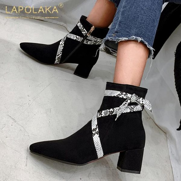 

lapolaka новая мода змея версия для печати trend boots женская обувь коренастый пятки zip up comfy остроконечные toe ботильоны офис дамы, Black