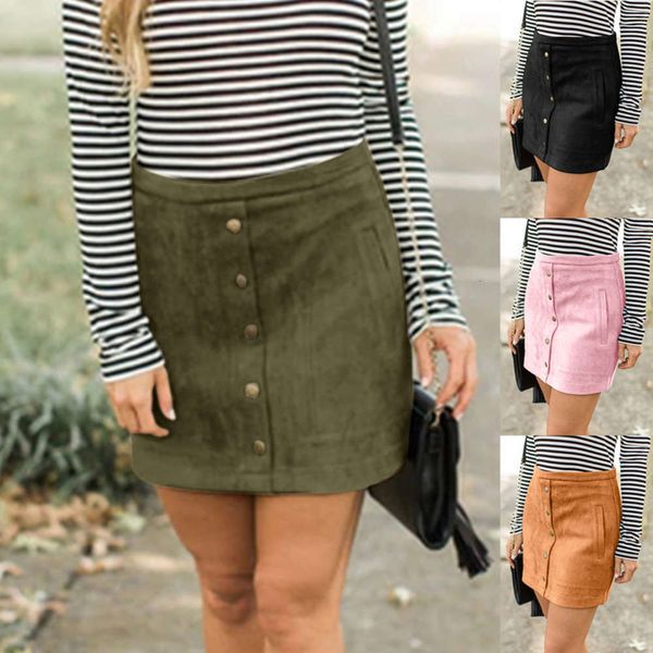

2021 four color pocket suede button slim skirt spring and summer, Black;gray