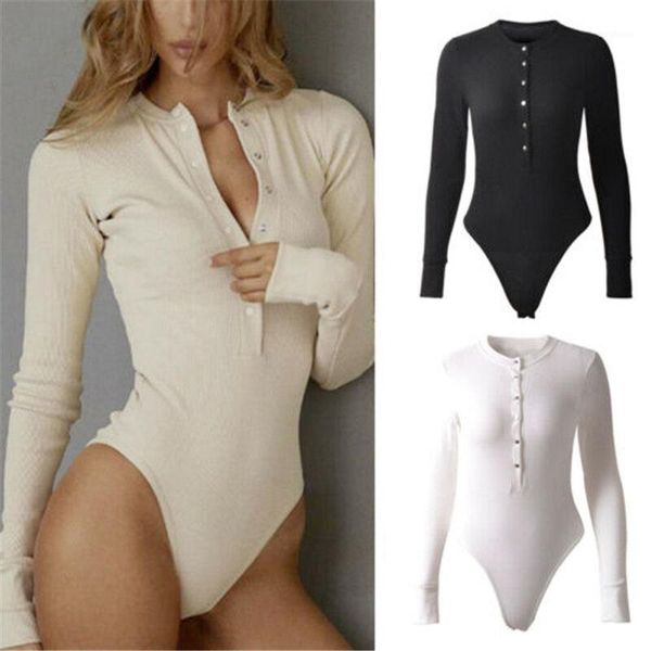 

women´s long sleeve rompers jumpsuit solid bodysuit female casual button round neck slim stretch leotard autumn clothes1, Black;white