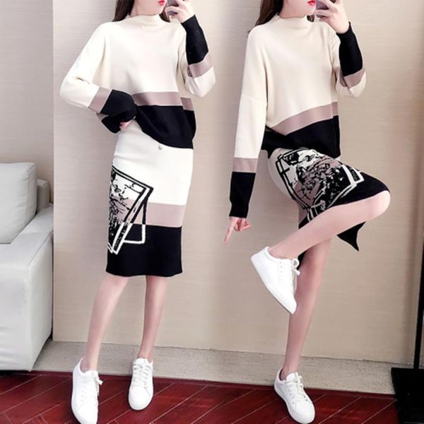 

2020 fashion designer fashion week new women's wear knitting suit long sleeves pullover+fashion bag hip skirt two-piece suite, Gray