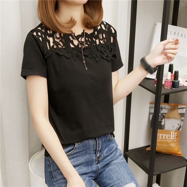 

summer women's t- clothing 2019 new korean style bud flower stitching large size short sleeve t-shirt women's solid color base shi, White