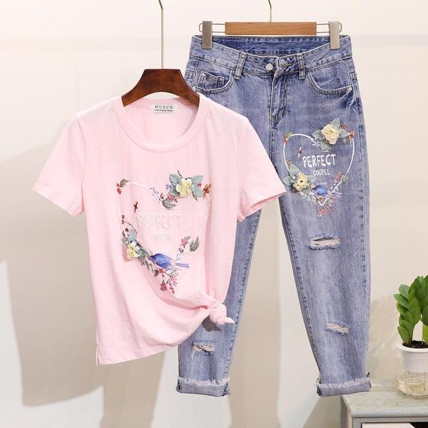 

vintage jeans sets ladies two piece set spring summer 2019 new flower loving printed t shirts + hole ripped jeans suit women set1, White