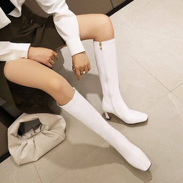 

boots winter women 2021 autumn square toe block high heels side zipper knee long tube white ladies shoes plus size 45, Black