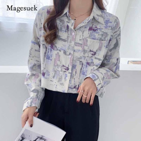 

korean fashion painting printed chiffon blouse autumn new vintage long sleeve women's blouse single breasted shirts women 111391, White