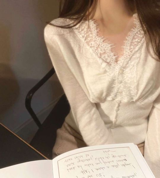 

you / enough sweet young mohair lace stitching knitted blouse for women, White;black