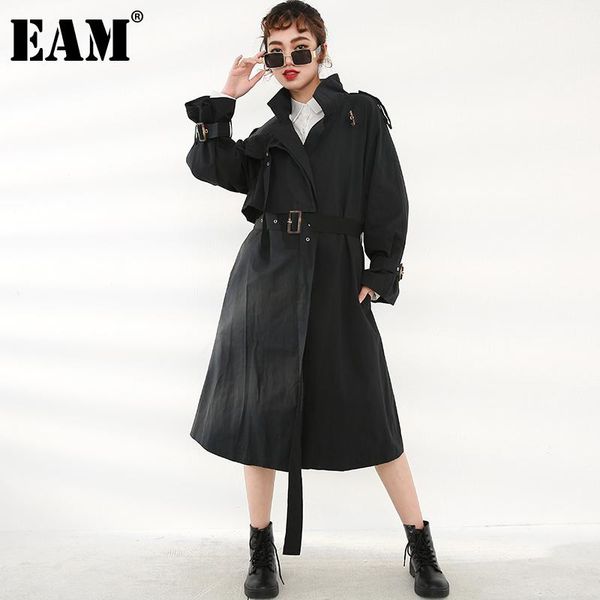 

[eam] women big size long black bandagetrench new lapel long sleeve loose windbreaker fashion spring autumn 2021 1dc70501, Tan;black