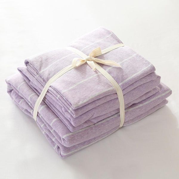 

4pcs 100% cotton jersey knit duvet cover light purple stripe bed set with fitted sheet1