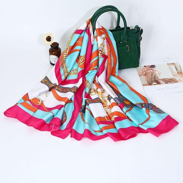 

fashion design square silk scarf women foulard printed bandana ladies shawl hijab elegant headband ring scarves wraps 130*130cm, Blue;gray