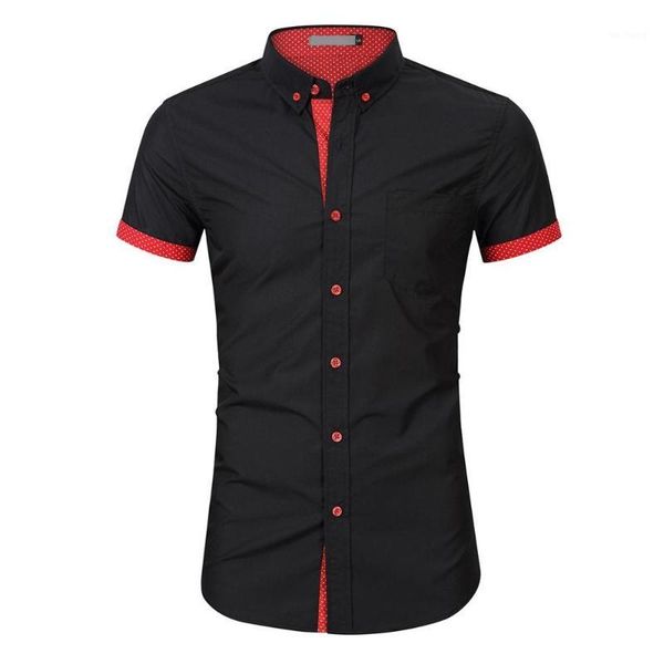 

men casual summer solid button short sleeve turn-down collar slim fit male blouse british style cotton men's shirt d1, White;black
