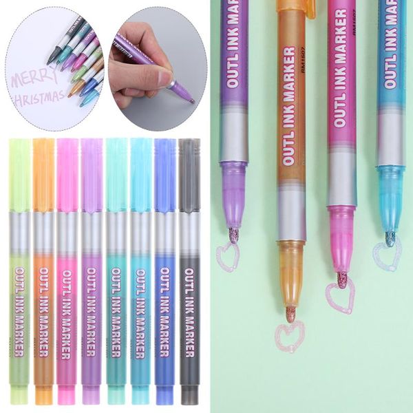 

8 colors/set colored double line marker pens highlight self-outline metallic markers diy rock drawing&painting art craft supply, Black;red