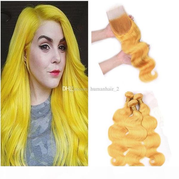

yellow body wave hair weaves with lace closure virgin peruvian hair weaves body wave wavy with lace closure 4pcs lot, Black;brown