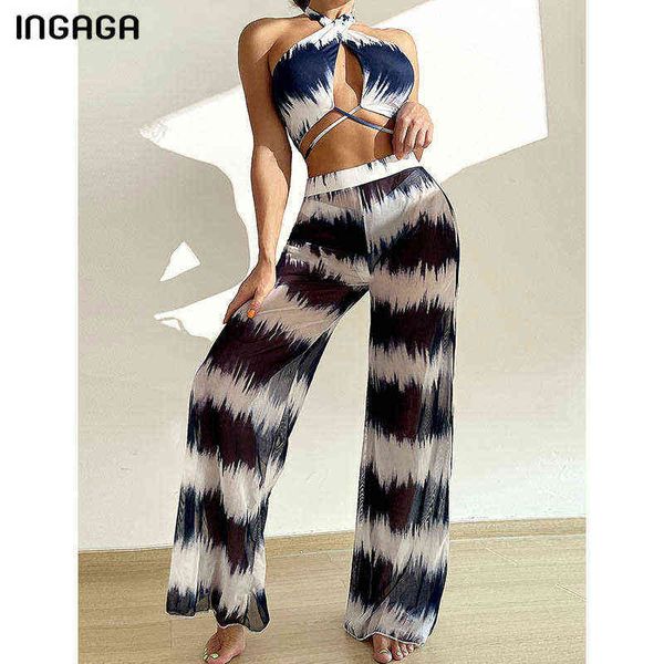 

swimsuit ingaga tie dye women's swimsuit with pants three piece bikini set halter swimwear beach cover up crisscross bathing suit, White;black