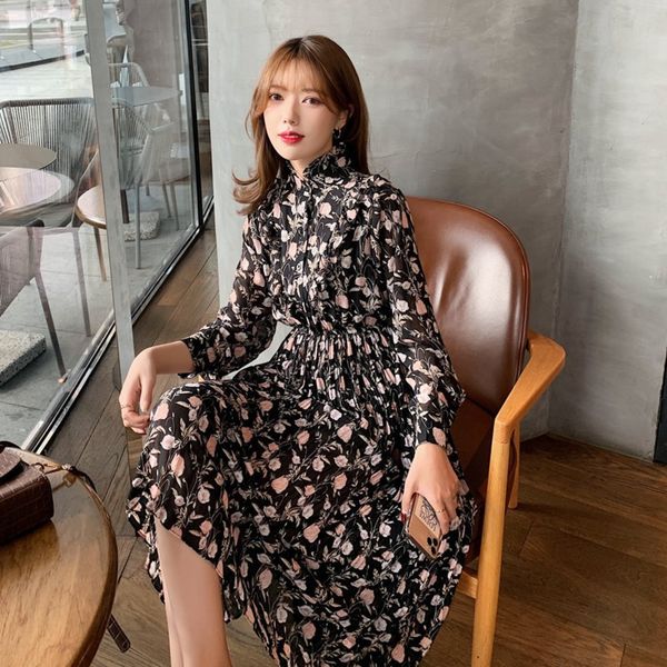 

2020 autumn new korean style hipster ins small floral printed wooden ear collar chiffon long sleeve dress for women dress dress l4nfs, Black;gray