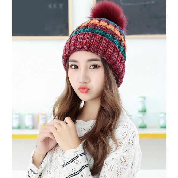 

beanie/skull caps casual women braided warm hats beanies autumn winter female fur pompom knitted cap gorros colorful 2021, Blue;gray