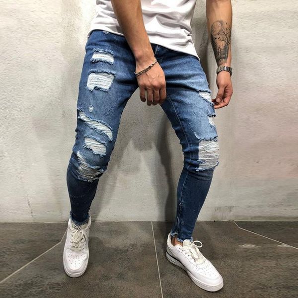 

fashion ripped jeans hombre solid striped streetwear mens straight stretch pencil men jeans pants slim casual denim1, Blue