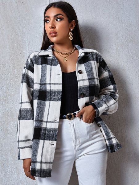 

drop shoulder curved hem plaid coat h2kf#, Black