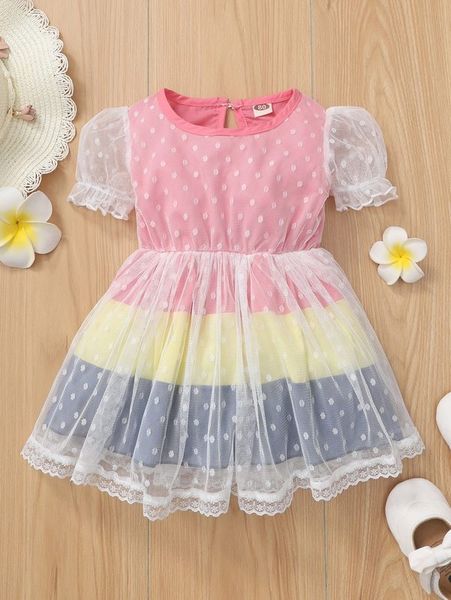 

baby colorblock puff sleeve contrast dobby mesh dress she, Red;yellow