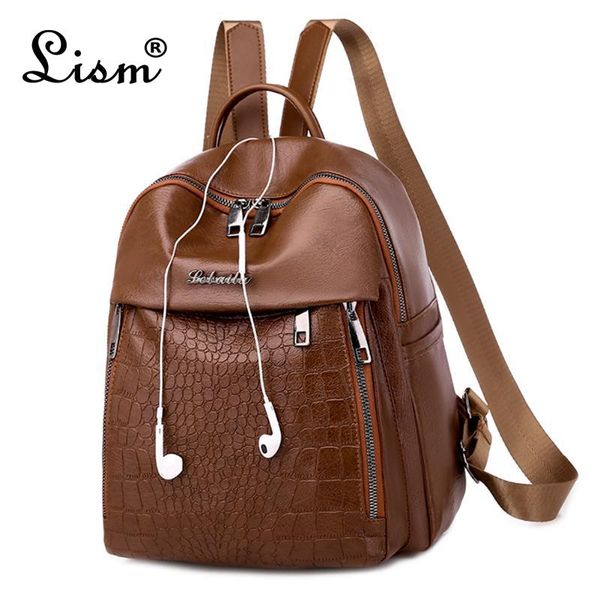

women's crocodile pattern backpack youth student bag large capacity multifunctional brown kg-16