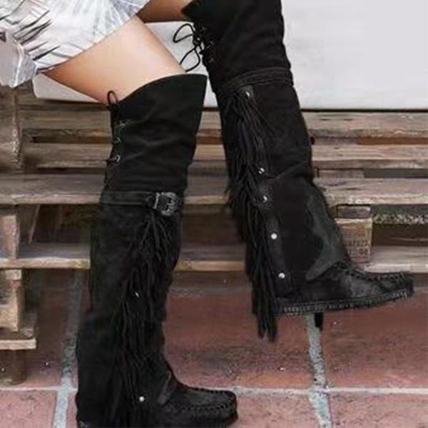 

women high boots knee woman vintage tassel flat comfort long boots 2020 ladies suede leather autumn winter shoe plus size 34-43, Black
