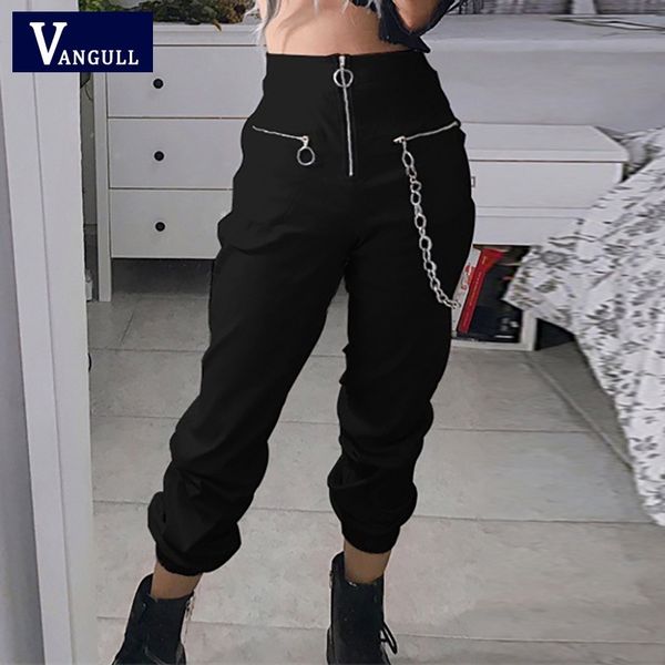 

vangull high street women casual harem pants with chain zipper loose streetwear black pants high waist cool autumn long trousers 201031, Black;white