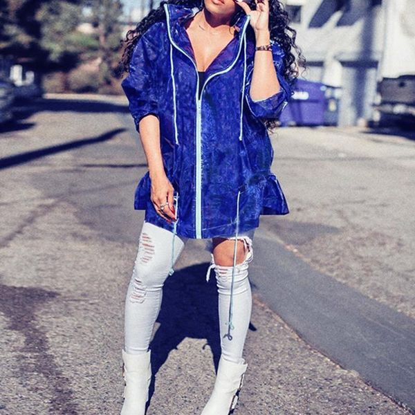 

hooded drawstring zipper casual coat umbrella fabric plus size streetwear women dark blue club jacket coat1, Tan;black