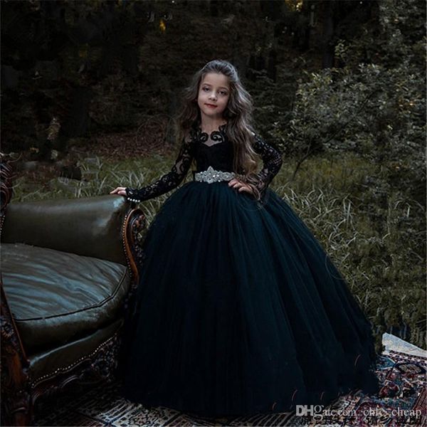 

gothic длинные рукава черный аппликация jewel кристалл sash большой лук симпатичные дети новоселье длина пола бальное платье девушки цветка, White;blue