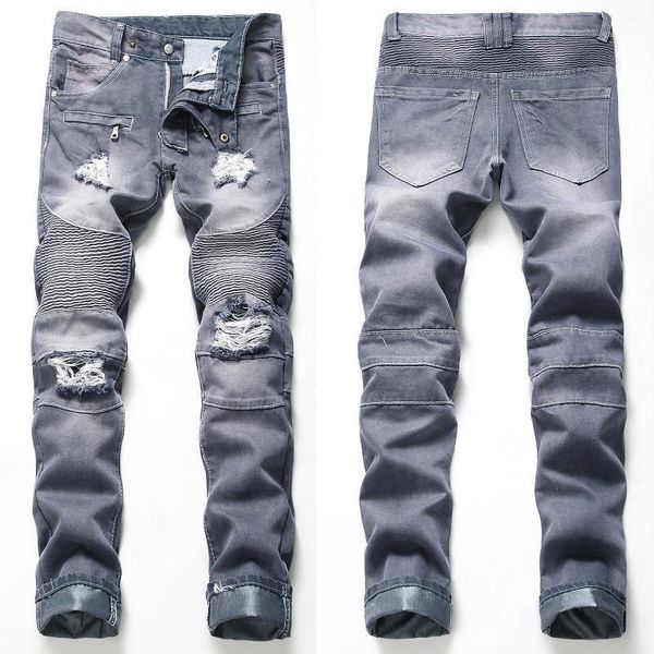 

men new casual denim men slim straight leg skinny jeans fashion cool brand hole large size denim1, Blue