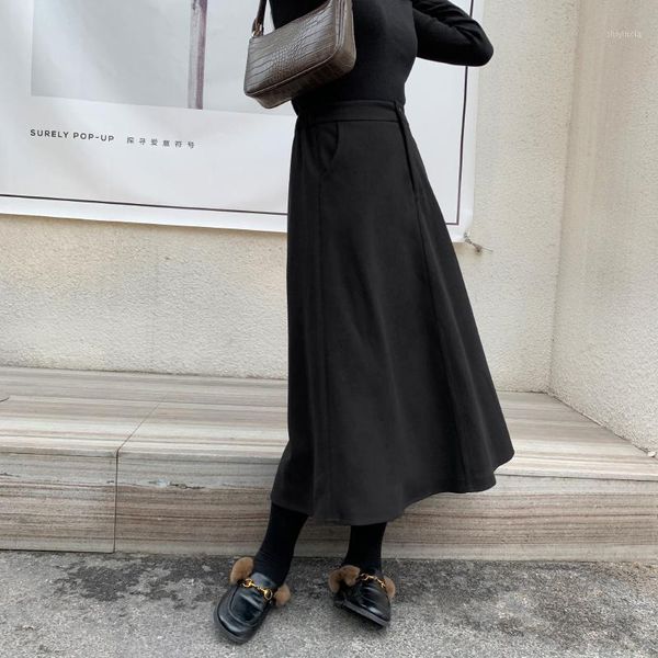 

2020 autumn vintage ladies black skirt solid retro chic long skirts for women high waist a-line femme satin faldas1