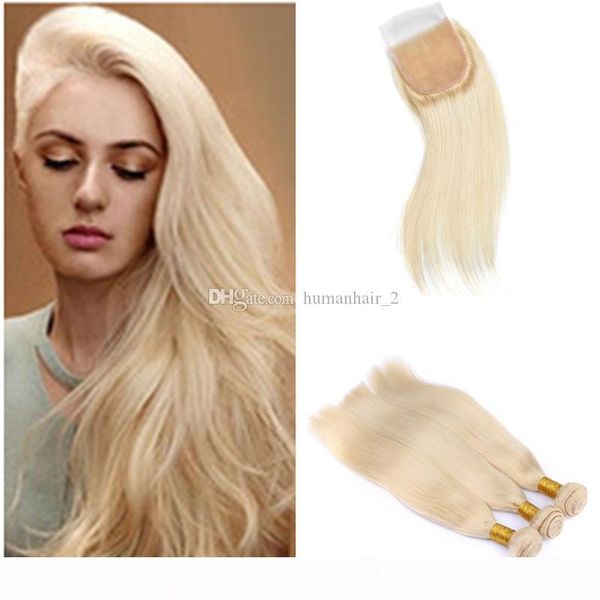 

malaysian human virgin hair blonde 613 lace closure with bundles silk straight human hair weaves 100g pc middle three part lace closure, Black;brown