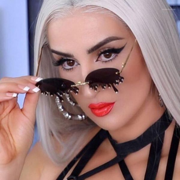 

fashion tears flame sunglasses women men brand design rimless wave eyewear luxury trending narrow sun glasses streetwear1, White;black
