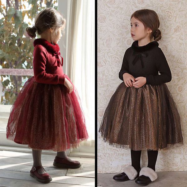 

autumn winter 2020 new girls' annual drs with fur collar and plush poncho princs skirt, Red;yellow