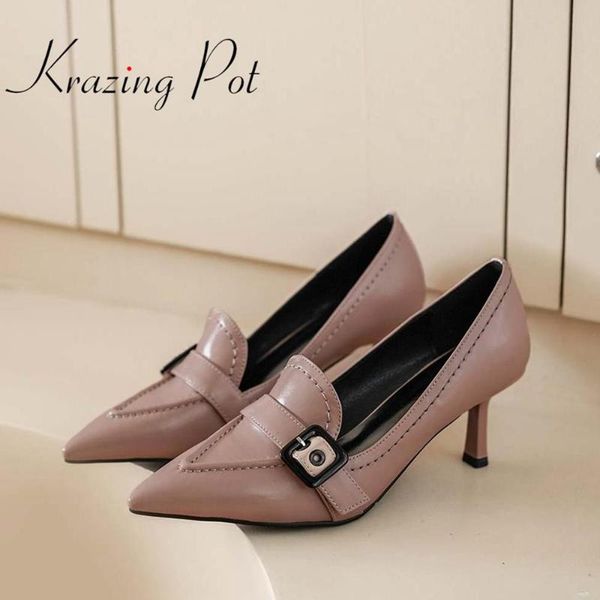 

krazing pot 2020 new saling natural leather pointed toe high thin heels deep mouth metal fasteners slip on summer pumps l81, Black