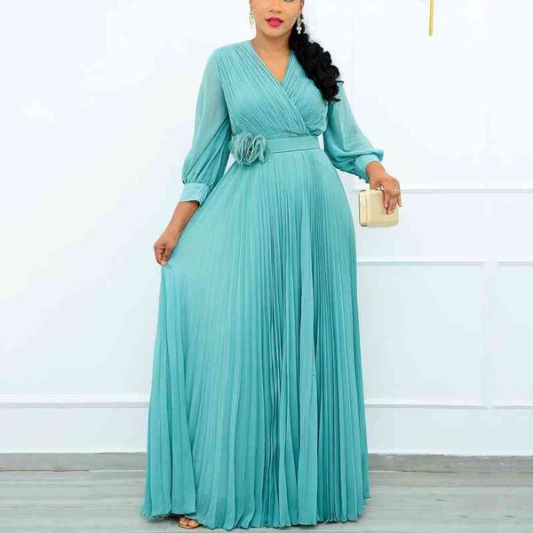 

elegant pleated dresses blue yellow color for womens v neck high waisted floor length fashion night party vestidos mujer, Black;gray